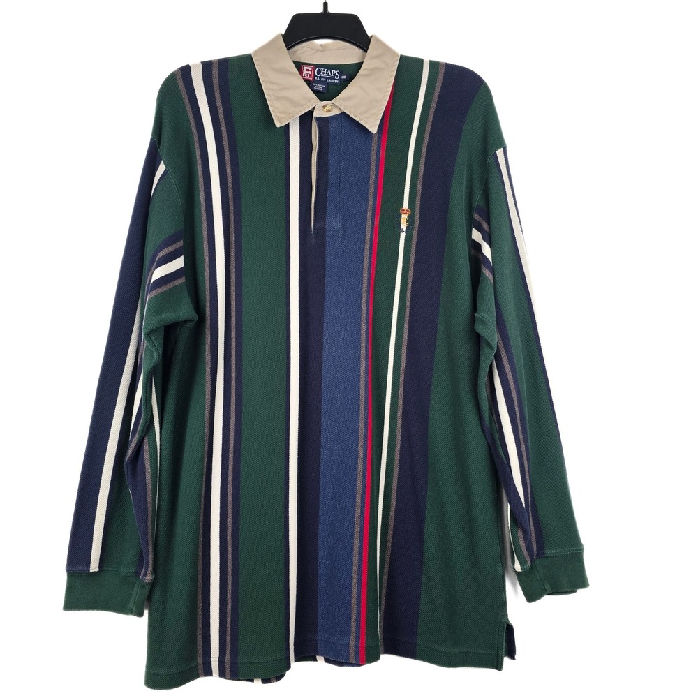 Vintage Chaps Ralph Lauren Mens 1XB Vertical Stripe Long Sleeve Polo Green Navy